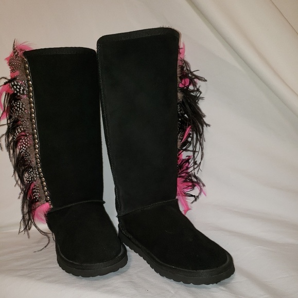 Gypsy Soule Shoes - Gypsy Soule Suede Boot Sz 7 Pink Black Feathers